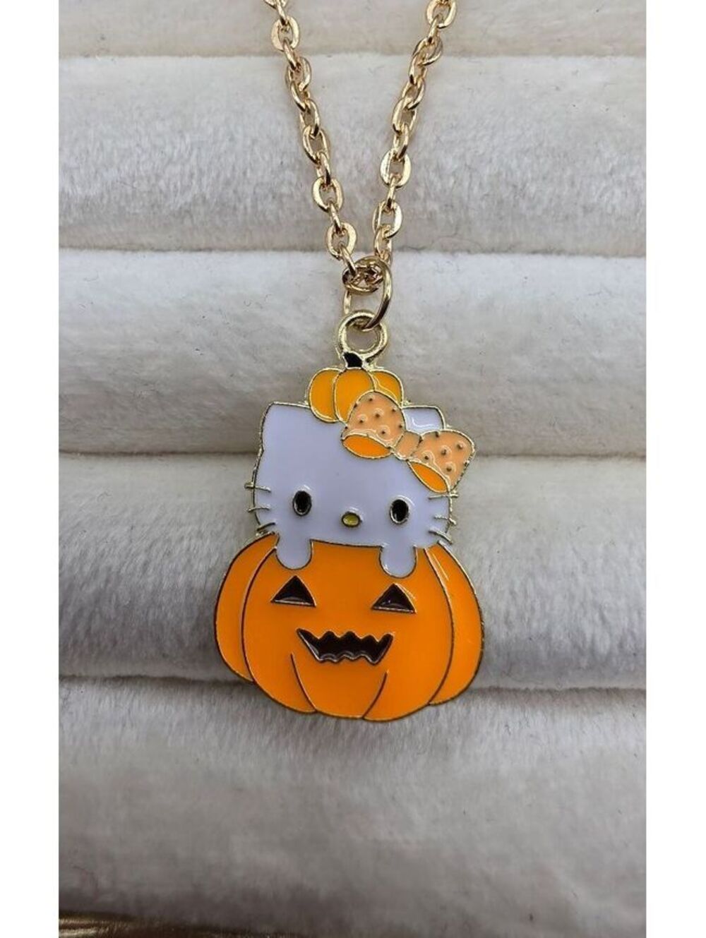 Hello Kitty Pumpkin Halloween Pendant Necklace Gold Tone